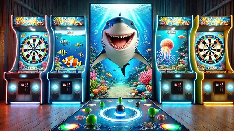 Arena bawah laut dengan target ikan dan efek tembakan arcade